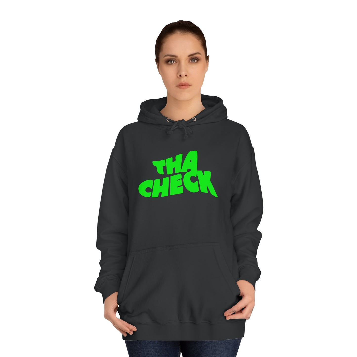 Unisex College Hoodie - 'THA CHECK' Graphic Sweatshirt for Casual Comfort